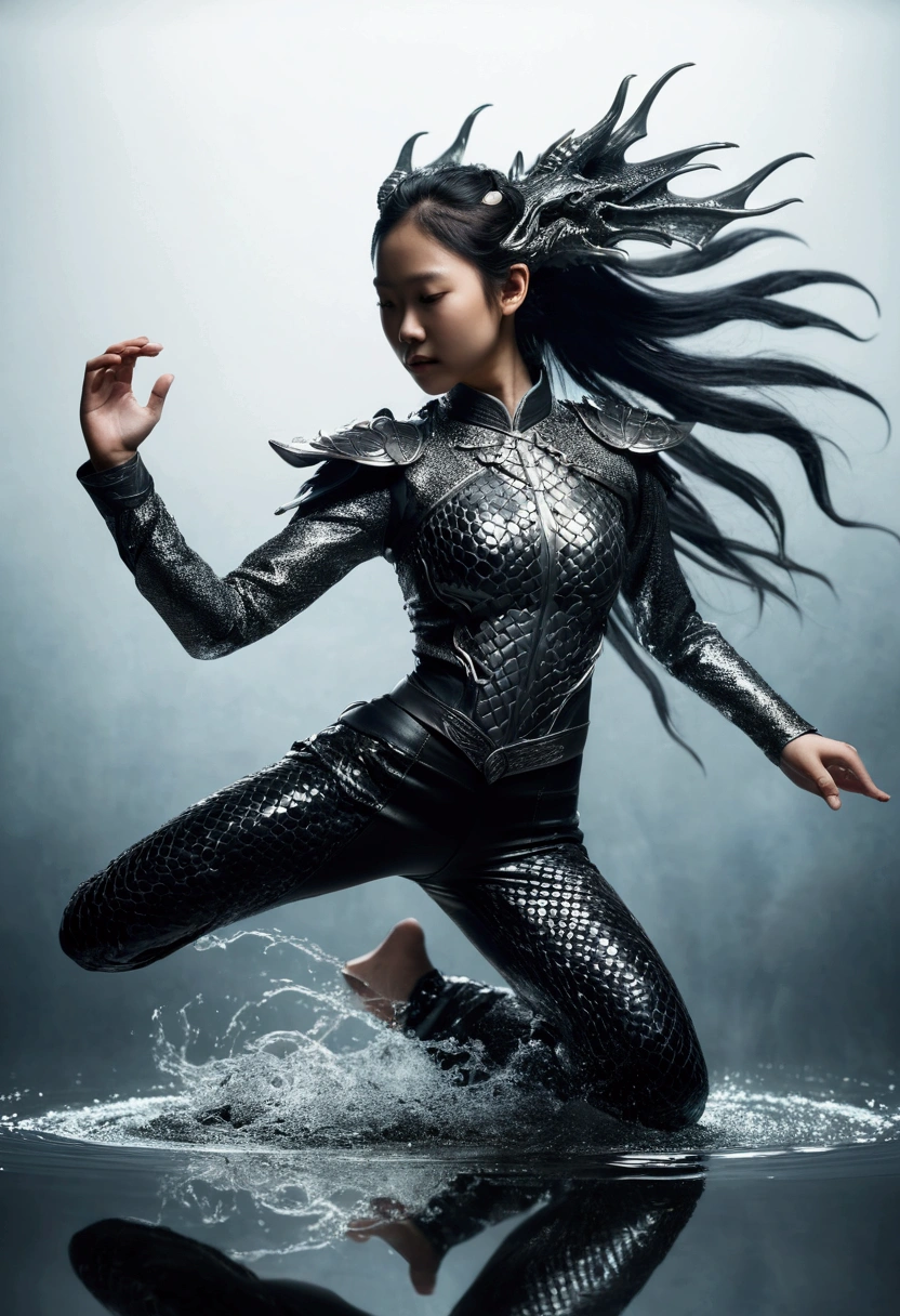 photorealistic double exposure of a black_metal dragon{(dancing stance)(shiny)(reflective metal texture)(sleek and polished)}{break}1girl, wu-shu athlete in motion, blurred edges, slow shutter speed motion photography, shot on FujiFilm XT4 camera f/2. ISO 200, long hair, dramatic light, intricate detailed, a water element transition movement of color background(face detailed:1.5)