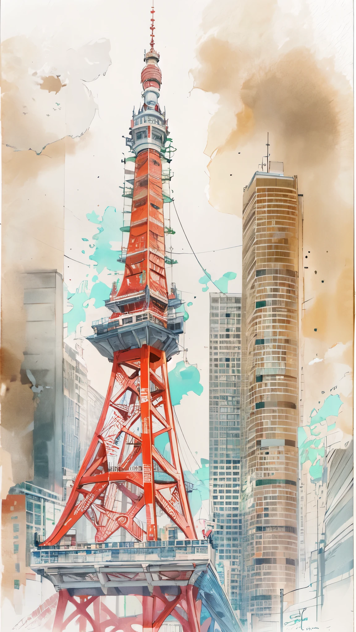 Architectural Marker Paint、80&#39;s、Tokyo Tower、No humans、Watercolor