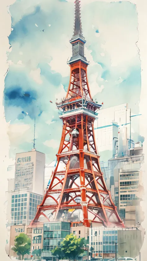 architectural marker paint、80&#39;s、tokyo tower、no humans、watercolor