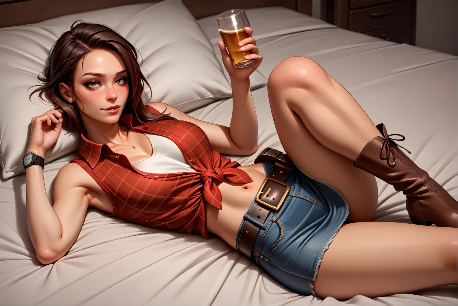 Cowgirl Costume,Wearing a sleeveless collared shirt with a red plaid pattern, Front tie shirt,Denim mini skirt,Western belt with holster,Western Boots,Watch on wrist,Drunk,Sexy face,Above the knee shot,Strong hiccups,Lying in bed,Ultra high definition,16K