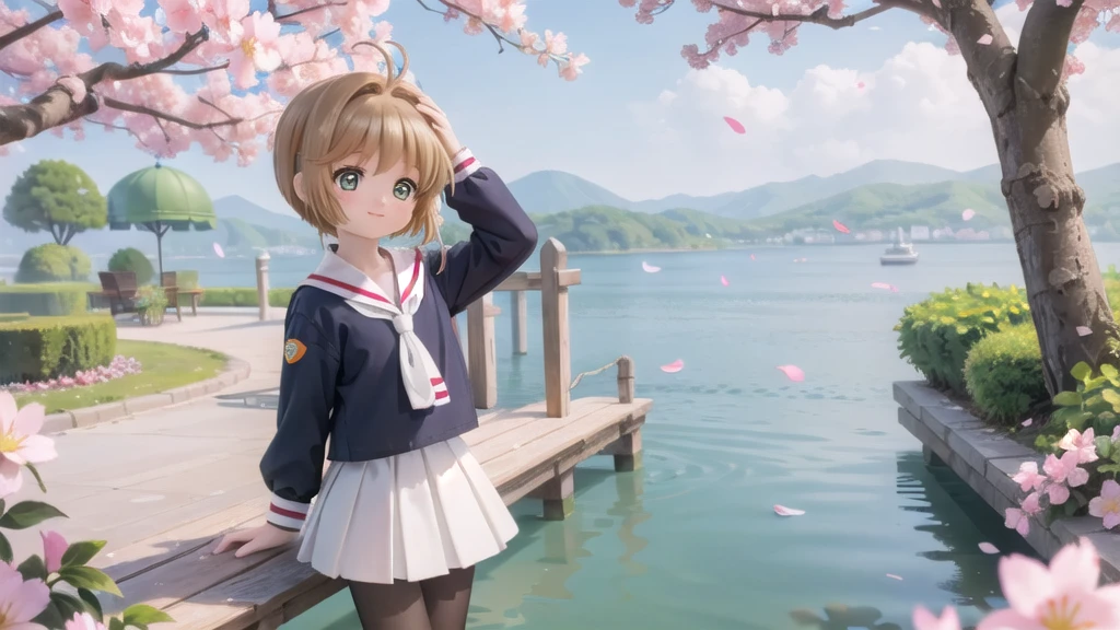 (masterpiece),  Outdoor,  cherry blossoms,  petal,  sunlight,  lake,  One Girl,  blush,  smile,  Medium Hair,  Sailor suit,Long skirt, Overgrown, petal, plant、Skirt lining、White slip、nostalgic、pantyhose（gray）、You can see the sea in the distance, Crotch close-up