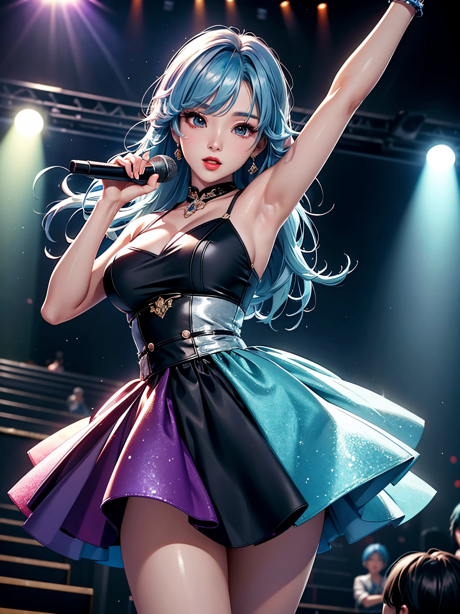 1 lady only, k-pop artist, korean singing idol, Twenty generations, cute girl, (Sing:1.2) (dynamic posing:1.2), (Colorful fashion icon outfits), beautiful mature women, (Long sliver hair gradient sky blue hair) (best quality:1.2), Exquisite illustrations, Super detailed, Large Breasts, (Hold the microphone) , one hand raised, Sing and dance, (large music stage) Indoors, Year-end music concert, Spotlights of various colors, audience, Ultra-high resolution, The best masterpiece, best quality, 8k Ultra HD, high detail, CG unity, C4D Rendering, 3D Rendering