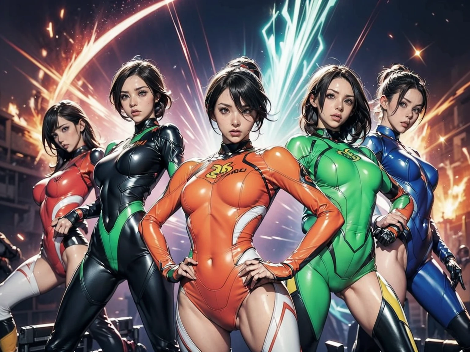 A brave and courageous image of a six-member ranger team, Each one is decorated in vibrant colors.、:: pink, Red is in front of center, violet, green, yellow, Blue Black, white,. Metallic shiny bodysuit, Dynamic poses with backgrounds that exude energy and courage, neon, fire, plasma, fluorescence, shocking, Bomber, Fighting Pose, Action pose, Embodying the essence of the classic Sentai superhero team. Each Ranger:: The clothes are sophisticated and modern, Each color has elements that reflect its theme., Ready for action. ((Camel Toe)), energy light in hands,  With the sunset in the background , Cinema Lighting, Cover art mixed movie poster style,