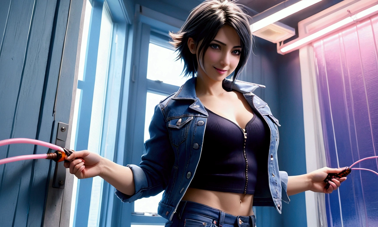 a 28 year old girl, an already developed body, black hair, spiky hair, shoulder length hair, a confident smile, a blue denim jacket, a black top, tight navy blue pants, a pink floss thong, long heeled boots, in a utility room with sun rays coming from a window, looking at the viewer, Futanari, huge cock, 