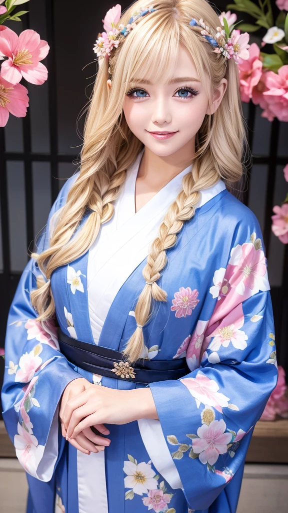 Blonde kimono beauty、Gorgeous floral patterned kimono、My cute girlfriend is a kimono model..、blue eyes、Beautiful smile、He is short、Braiding、hair ornaments、Colorful and showy kimono