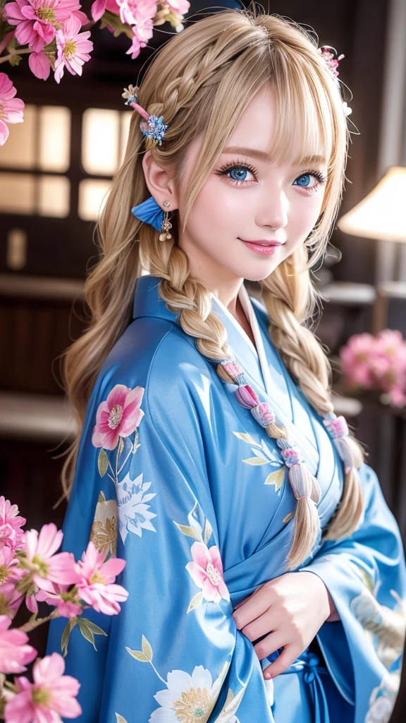 Blonde kimono beauty、Gorgeous floral patterned kimono、My cute girlfriend is a kimono model..、blue eyes、Beautiful smile、He is short、Braiding、hair ornaments、Colorful and showy kimono