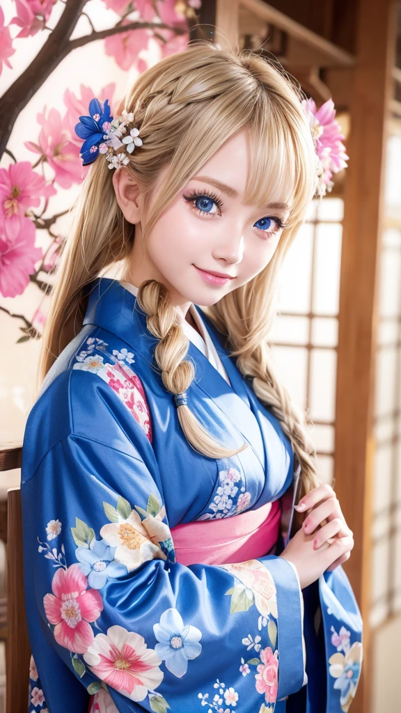 Blonde kimono beauty、Gorgeous floral patterned kimono、My cute girlfriend is a kimono model..、blue eyes、Beautiful smile、He is short、Braiding、hair ornaments、Colorful and showy kimono