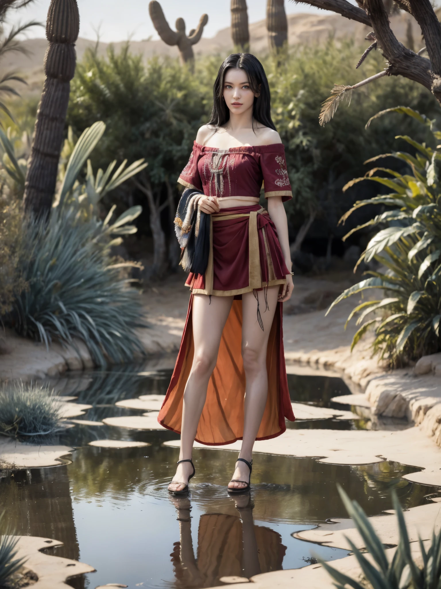 1girl, tying around waist, mini skirt, legs, detailed face, looking at viewer, very long hair, loose strapless tube top, detached short sleeves, clavicle, tilt shoulder, (beautiful sleek embroidery:1.2), dark hair, blue eyes, sensual and seductive look, ancient accessories, jewelry in her arms, red clothes, layered outfit, outdoors, (desert sands), (oasis, water springs, puddles:1.2), (date palms), ((pyramids:0.6):1.2), (masterpiece, high resolution, photorealistic, vibrant, realistic:1.2),