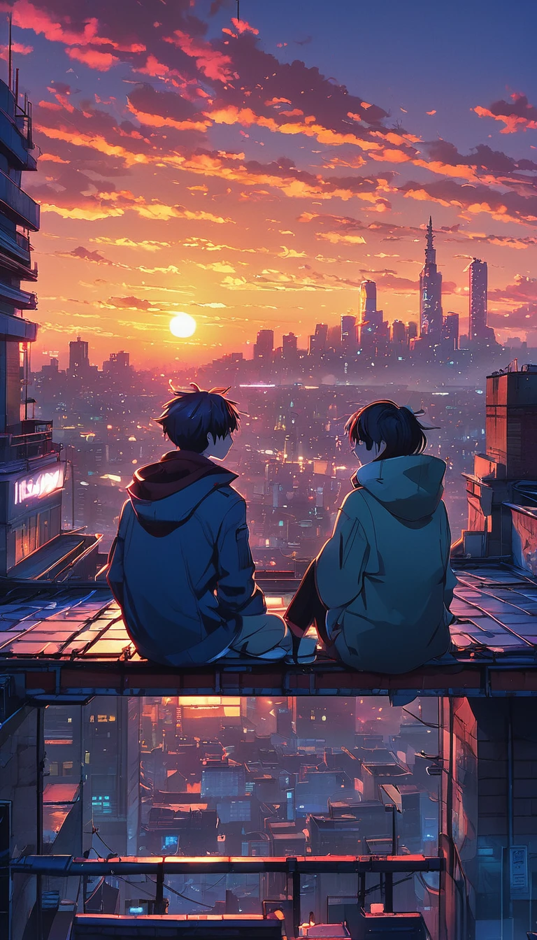 anime couple sitting on a rooftop watching the sunset, watching the sun set. anime, lofi artstyle, anime background art, anime style cityscape, beautiful anime scene, lofi art, in style of makoto shinkai, 4 k manga wallpaper, makoto shinkai cyril rolando, hd anime cityscape, ilya kuvshinov landscape, 4k anime wallpaper