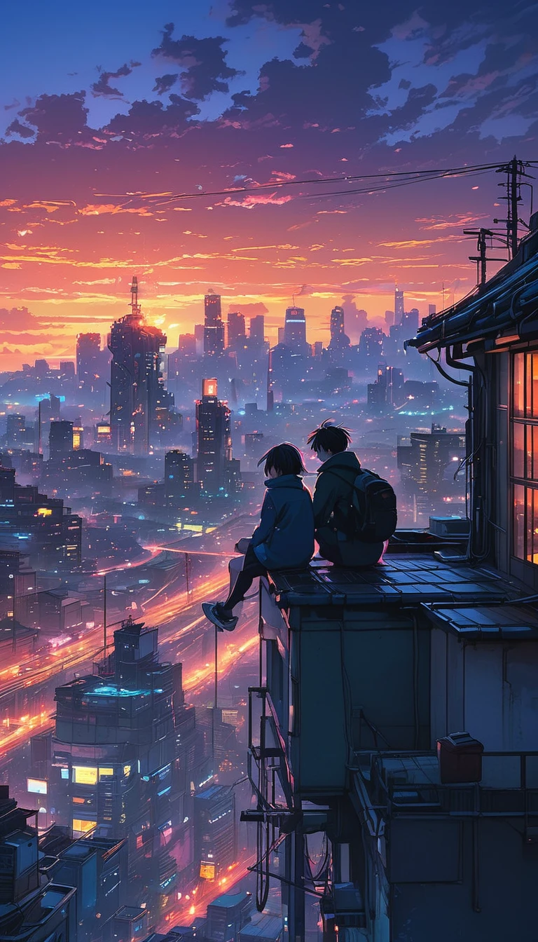 anime couple sitting on a rooftop watching the sunset, watching the sun set. anime, lofi artstyle, anime background art, anime style cityscape, beautiful anime scene, lofi art, in style of makoto shinkai, 4 k manga wallpaper, makoto shinkai cyril rolando, hd anime cityscape, ilya kuvshinov landscape, 4k anime wallpaper