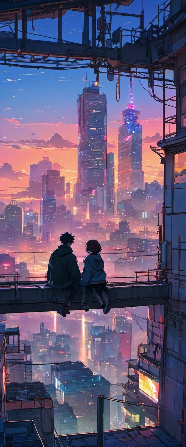 anime couple sitting on a rooftop watching the sunset, watching the sun set. anime, lofi artstyle, anime background art, anime style cityscape, beautiful anime scene, lofi art, in style of makoto shinkai, 4 k manga wallpaper, makoto shinkai cyril rolando, hd anime cityscape, ilya kuvshinov landscape, 4k anime wallpaper