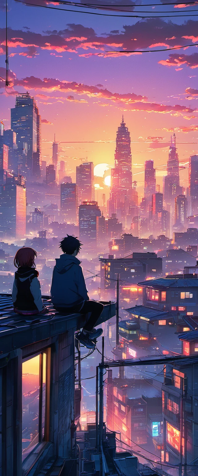 anime couple sitting on a rooftop watching the sunset, watching the sun set. anime, lofi artstyle, anime background art, anime style cityscape, beautiful anime scene, lofi art, in style of makoto shinkai, 4 k manga wallpaper, makoto shinkai cyril rolando, hd anime cityscape, ilya kuvshinov landscape, 4k anime wallpaper