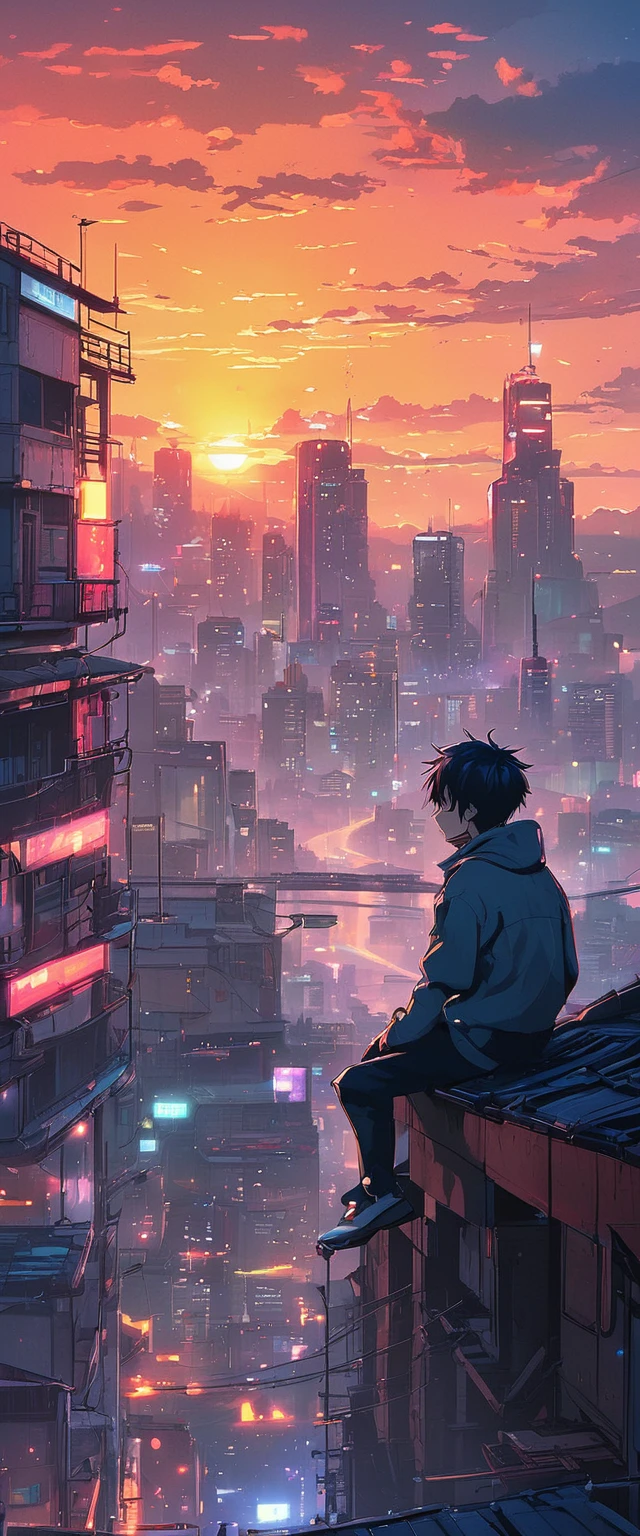 anime boy sitting on a rooftop watching the sunset, watching the sun set. anime, lofi artstyle, anime background art, anime style cityscape, beautiful anime scene, lofi art, in style of makoto shinkai, 4 k manga wallpaper, makoto shinkai cyril rolando, hd anime cityscape, ilya kuvshinov landscape, 4k anime wallpaper(bright colours)(brokeh effect)(glowing dots and firefly)