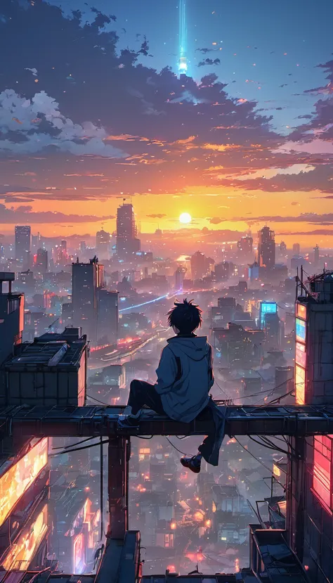 anime boy sitting on a rooftop watching the sunset, watching the sun set. anime, lofi artstyle, anime background art, anime styl...