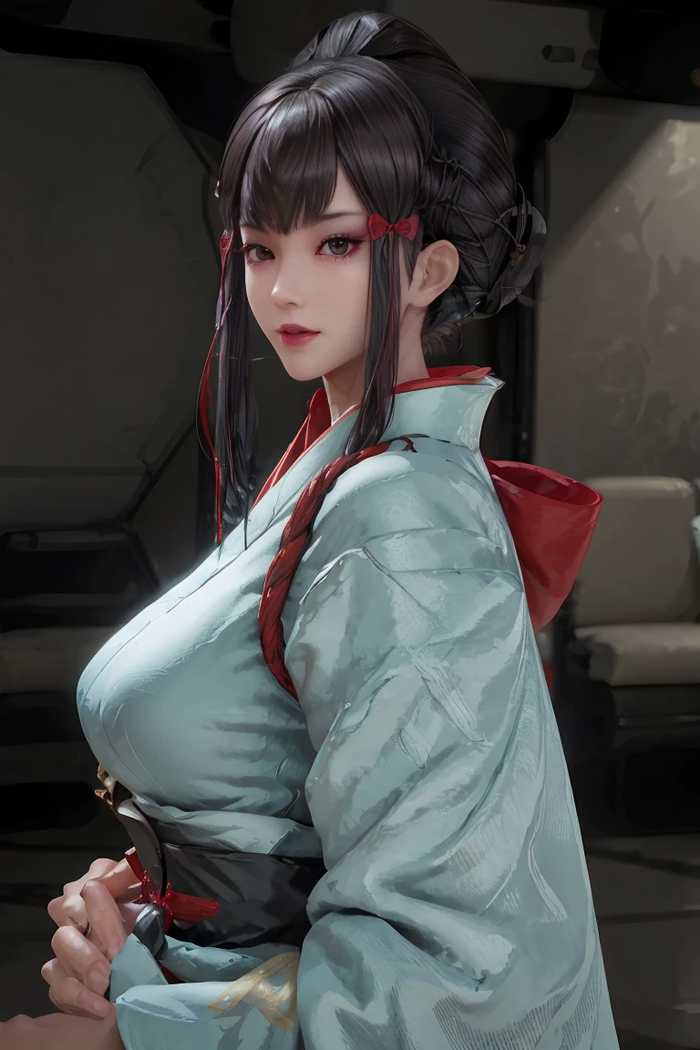 (best quality), (masterpiece), detailed, depth of field, perfect lighting, 1girl, mature female, dark eyes, red eyeliner, dark hair, tall bun top of head, hair pieces, (best quality), (masterpiece), detailed, depth of field, short sleeves,  white loose kimono, dark hair, upper body, huge breasts, smile