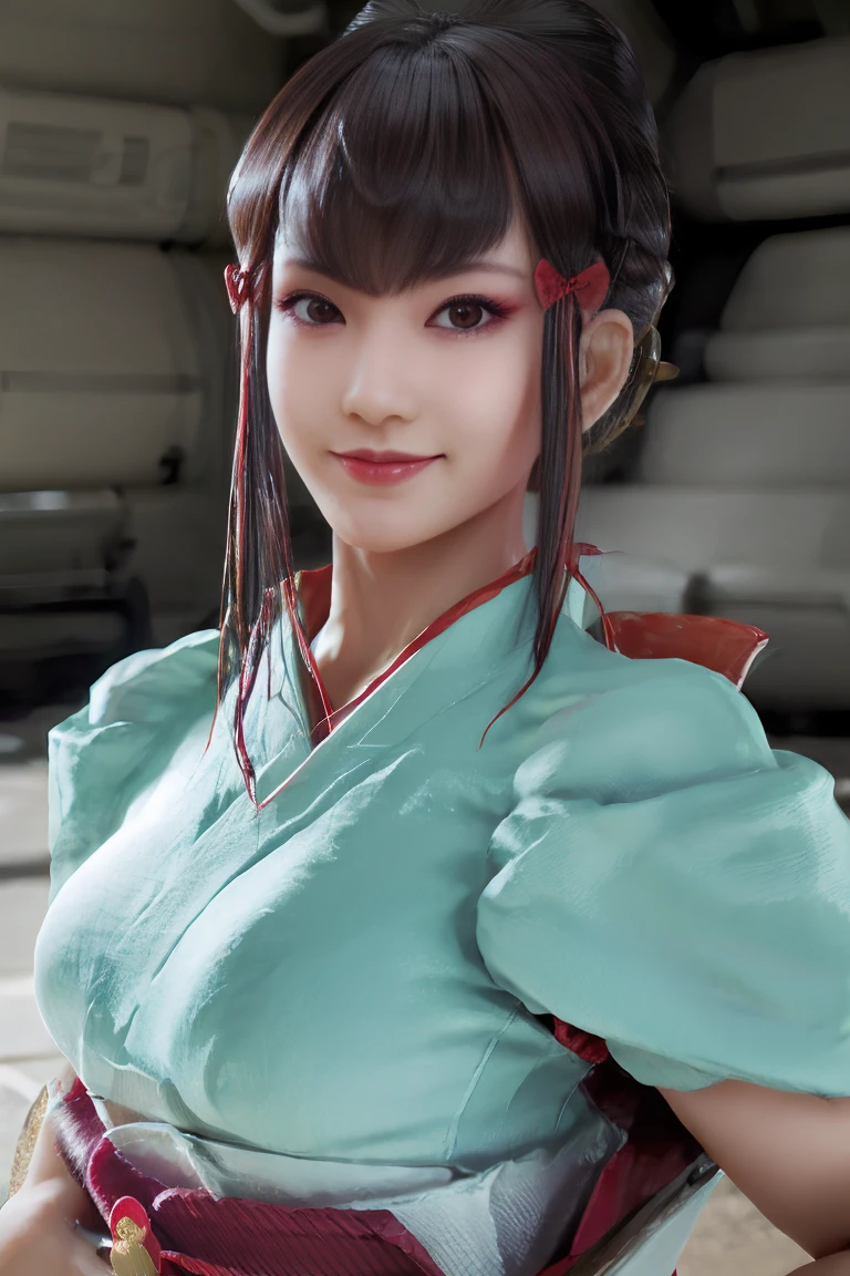 (best quality), (masterpiece), detailed, depth of field, perfect lighting, 1girl, mature female, dark eyes, red eyeliner, dark hair, tall bun top of head, hair pieces, (best quality), (masterpiece), detailed, depth of field, short sleeves,  white loose kimono, dark hair, upper body, huge breasts, smile