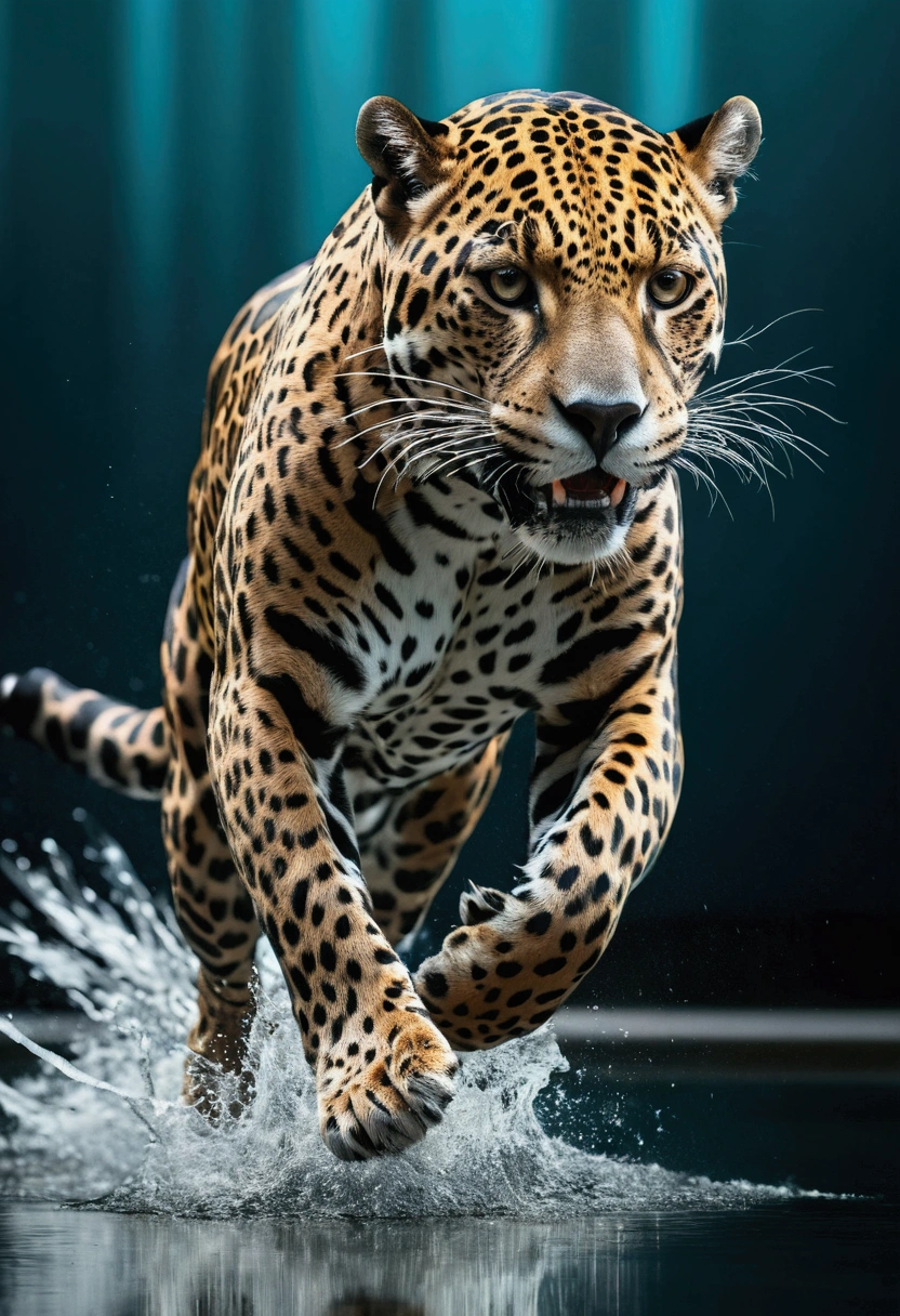 photorealistic double exposure of 1jaguar{(black_metal)(running stance)(shiny)(reflective metal texture)(sleek and polished)}{break}, 1girl{(sprinter athlete in motion),(blurred edges)(slow shutter speed motion photography)} shot on FujiFilm XT4 camera f/2. ISO 200, long hair, dramatic light, intricate detailed, a water element transition movement of color background(face detailed:1.5)