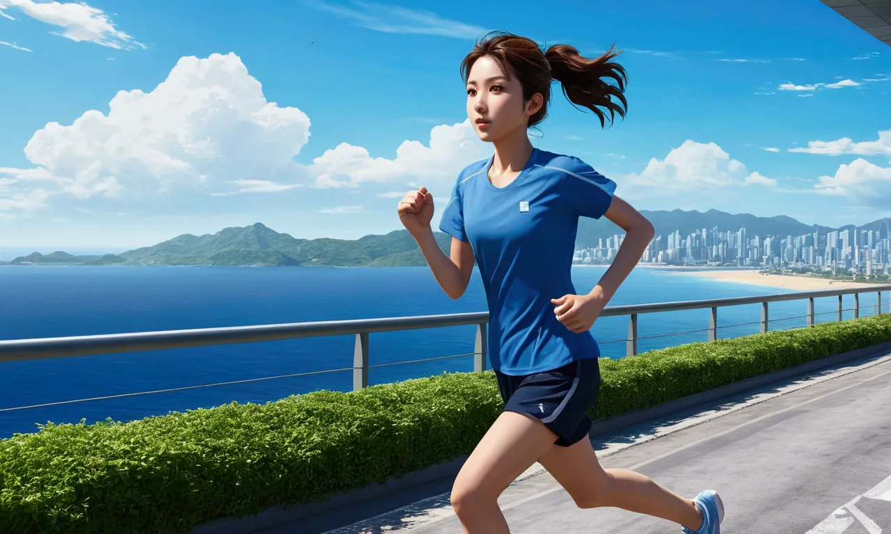 Girl in blue shirt running,running、Anime Style、wide area、Morning light、A city with a view of the sea、scenery、Sweat