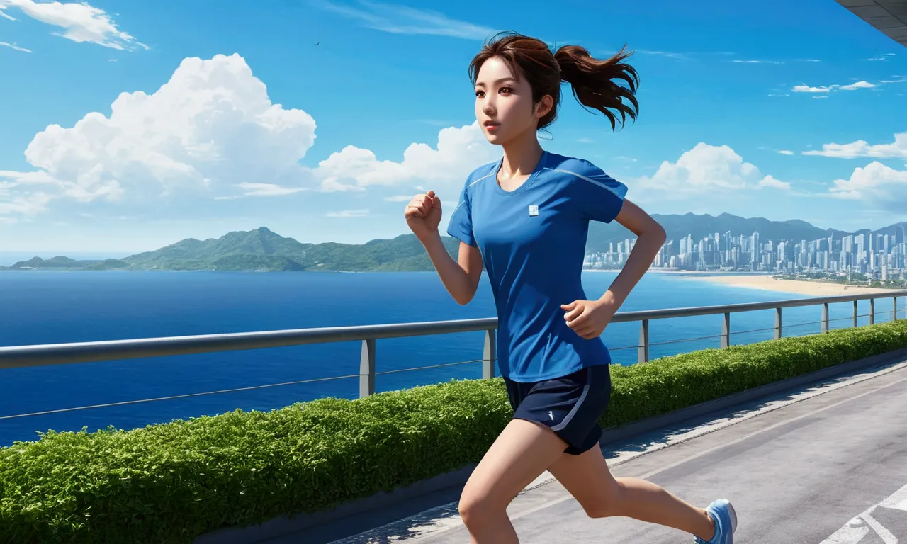 girl in blue shirt running,running、anime style、wide area、morning light、a city with a view of the sea、scenery、sweat