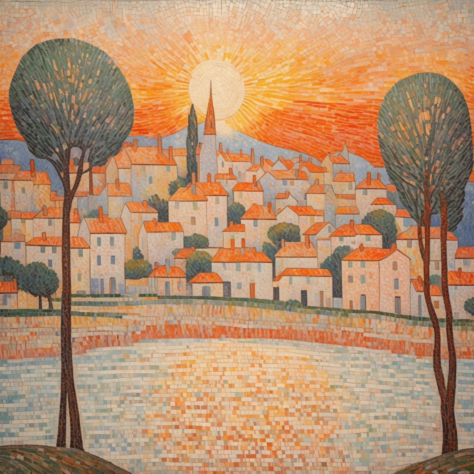 Paul Signac Style - Mosaic style landscape painting by Charles Angrand with broad brushstrokes depicting a village in the morning light, with the warm tones of the sunrise reflected in the water