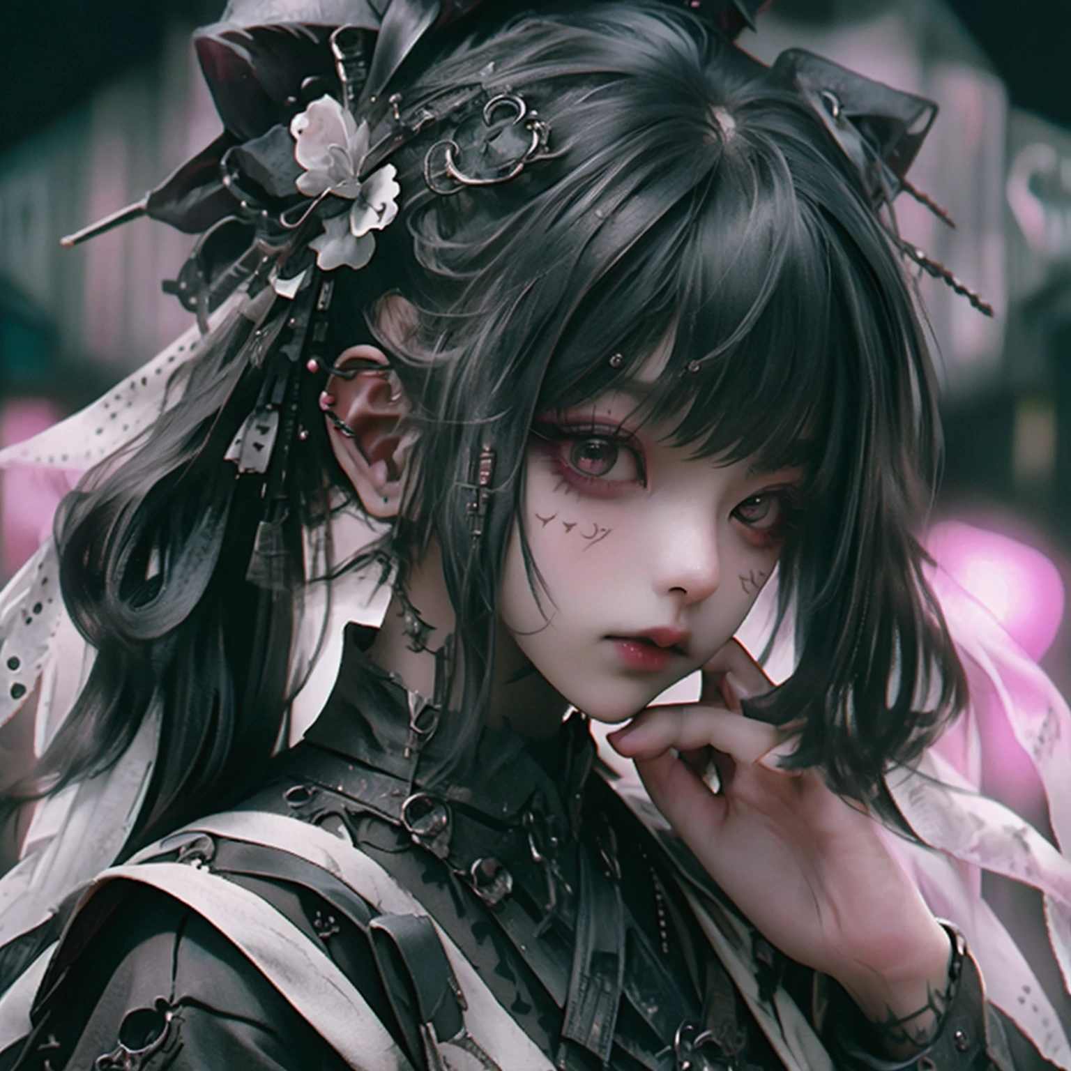 「A combination of Gothic Punk and Gothic Lolita cosplay、Create highly detailed and realistic masterpieces, Sing passionately.It must be expressive, Big eyes and dynamic, attractiveポーズ, As if you were performing on stage.

exterior:

	• Goth-punk elements:
	• small black leather jacket with spikes on the shoulders.
	• His hands are wearing small mesh gloves...
	• Spiked collar around the neck.
	• small, With an edgy microphone in hand.
	• Gothic Lolita elements:
	• A frilly black and white dress with lace and bows...
	• small, Elegant bonnet with lace trim.
	• Striped stockings on the legs.

Background and Setting:

	• 背景はゴシック調のコンサートステージを思わせるdark, Dramatic lighting.
	• Ornate arches, iron railings, etc.、Incorporating elements of Gothic architecture..
	• Lighting creates mood, 女性に焦点を当てたスポットライトによるAtmospheric効果.
	• Subtle mist effect for a dramatic effect.

Overall aesthetics:

	• The image is dark., 気まぐれでattractive雰囲気.
	• View costume and setting details..
	• To emphasize the gothic and punk elements、expensiveコントラストと豊かなテクスチャを使用します.

The composition should capture the lovely yet intense expression of the singing woman.., Delivering a fascinating and unique visual experience.&References; Additional configuration:

	• Style: Realistic, dark Fantasy, Whimsical • Lighting: dark, dramatic, Spotlight • Details: expensive, Complex Textures • Mood: attractive, Atmospheric, Gothic • Composition: Focus on the song, Dynamic pose