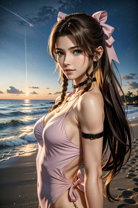 
Aerith,FF7, Long Hair, bangs, Brown Hair, bow, ribbon, jewelry, Green Eyes,  hair ピンクribbon, Braiding, hair bow, Side Lock, cho...