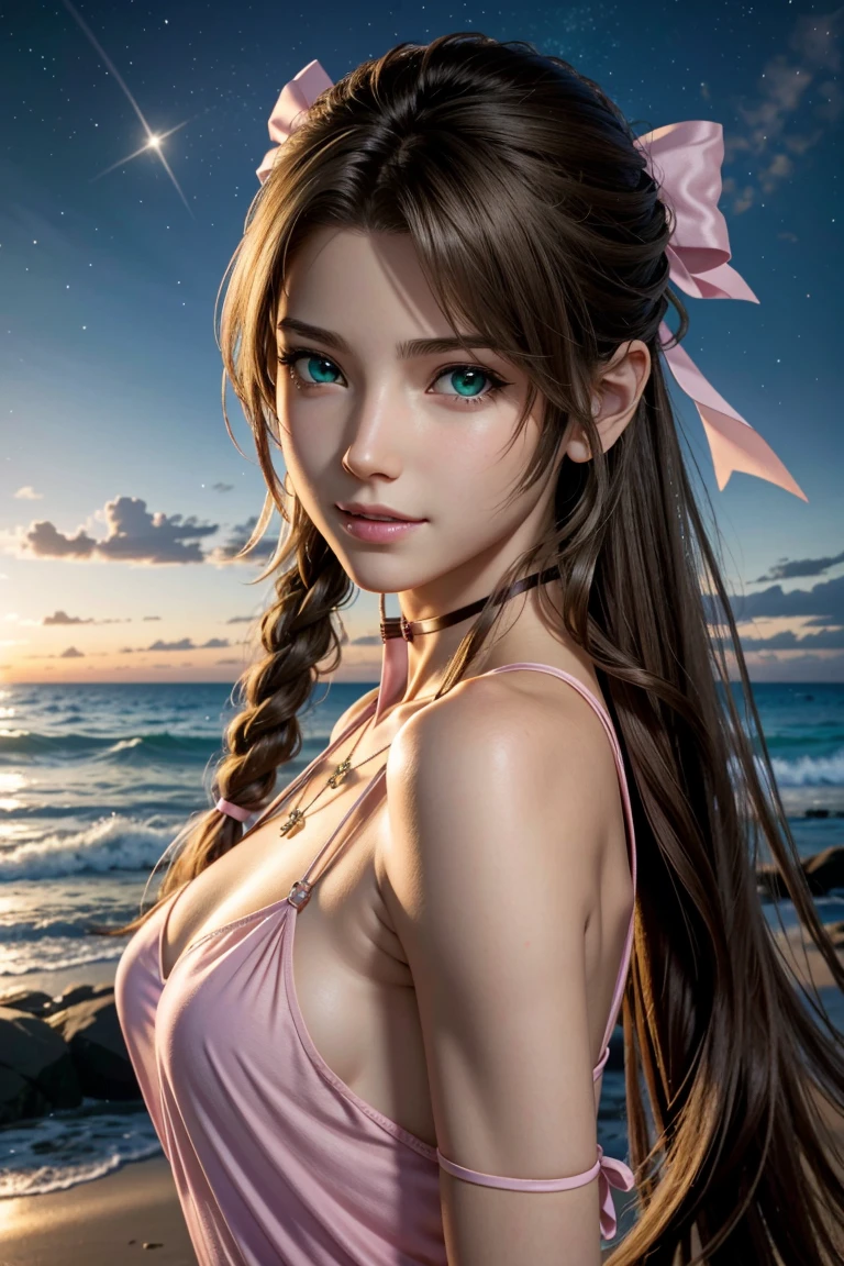 
Aerith,FF7, Long Hair, bangs, Brown Hair, bow, ribbon, jewelry, Green Eyes,  hair ピンクribbon, Braiding, hair bow, Side Lock, choker, necklace, lips, parted bangs, pink bow, Portraiture, Realistic,Super high quality,high quality,masterpiece,Digital SLR,Detailed explanation,Exquisite details,Anatomical basis,Detailed Description,Detailed face,Realistic skin texture,Sharp details,Perfect Anatomy,Perfect Anatomy,Anatomically correct hand,Anatomically correct fingers,Super Detail,Complex 3D rendering,Sexy pose,The beautiful world of Final Fantasy 7,Pink ruffled swimsuit,Wet,Beautiful night sky,A starry sky,Beautiful beaches,Fantastic night beach,shooting star,Fantasy worldview,Picturesque,Pink Lips,smile,Brighten up your expression,