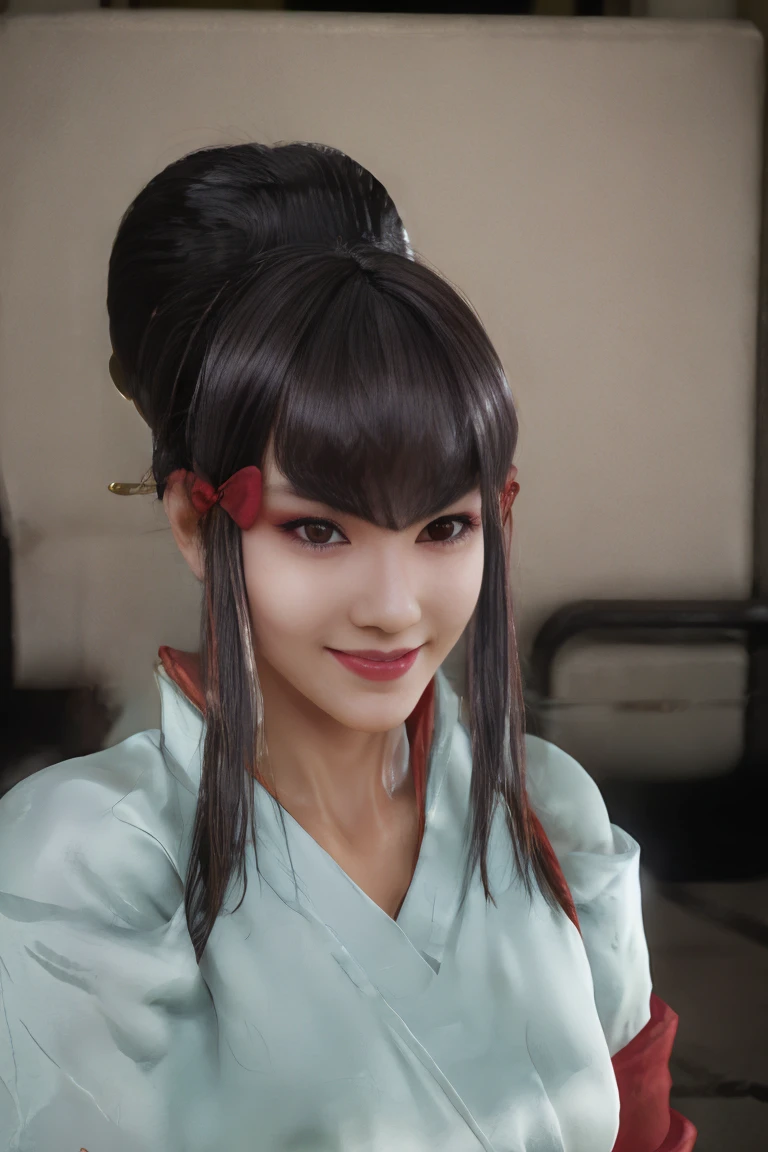 (best quality), (masterpiece), detailed, depth of field, perfect lighting, 1girl, mature female, dark eyes, red eyeliner, dark hair, tall bun top of head, hair pieces, (best quality), (masterpiece), detailed, depth of field, short sleeves,  white loose kimono, dark hair, upper body, huge breasts, smile