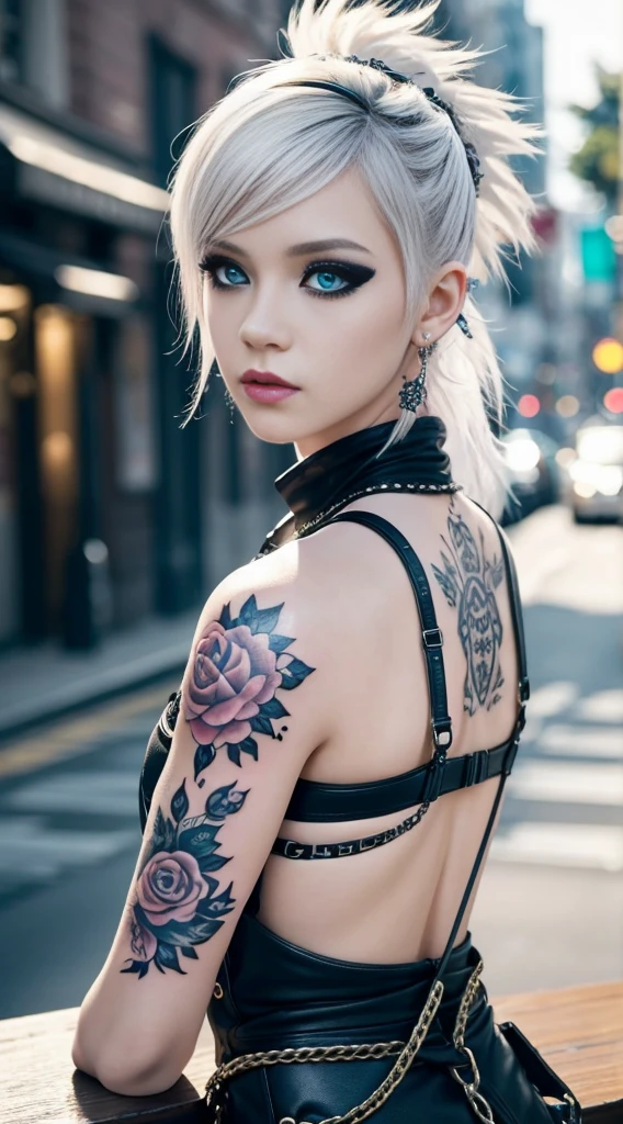 Tips for the first topic are as follows： quality, 8K, 32K, On a table:1.3), ultra - detailed, (realistically:1.4), white colors, albinism, punk girl, detailed eyes, Upper part of the body, Luxurious Punk Hairstyle, Avant-garde punk fashion, Avant-garde makeup, numerous piercings, There are a lot of tattoos, streets background, backlight effect, shallowdepthoffield, vague background"