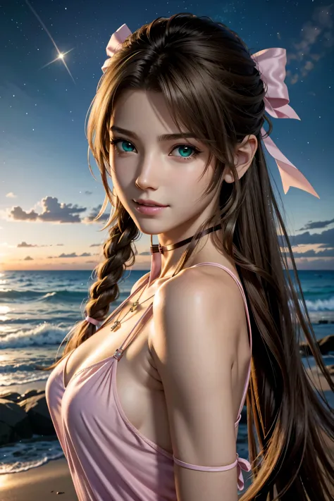 
Aerith,FF7, Long Hair, bangs, Brown Hair, bow, ribbon, jewelry, Green Eyes,  hair ピンクribbon, Braiding, hair bow, Side Lock, cho...