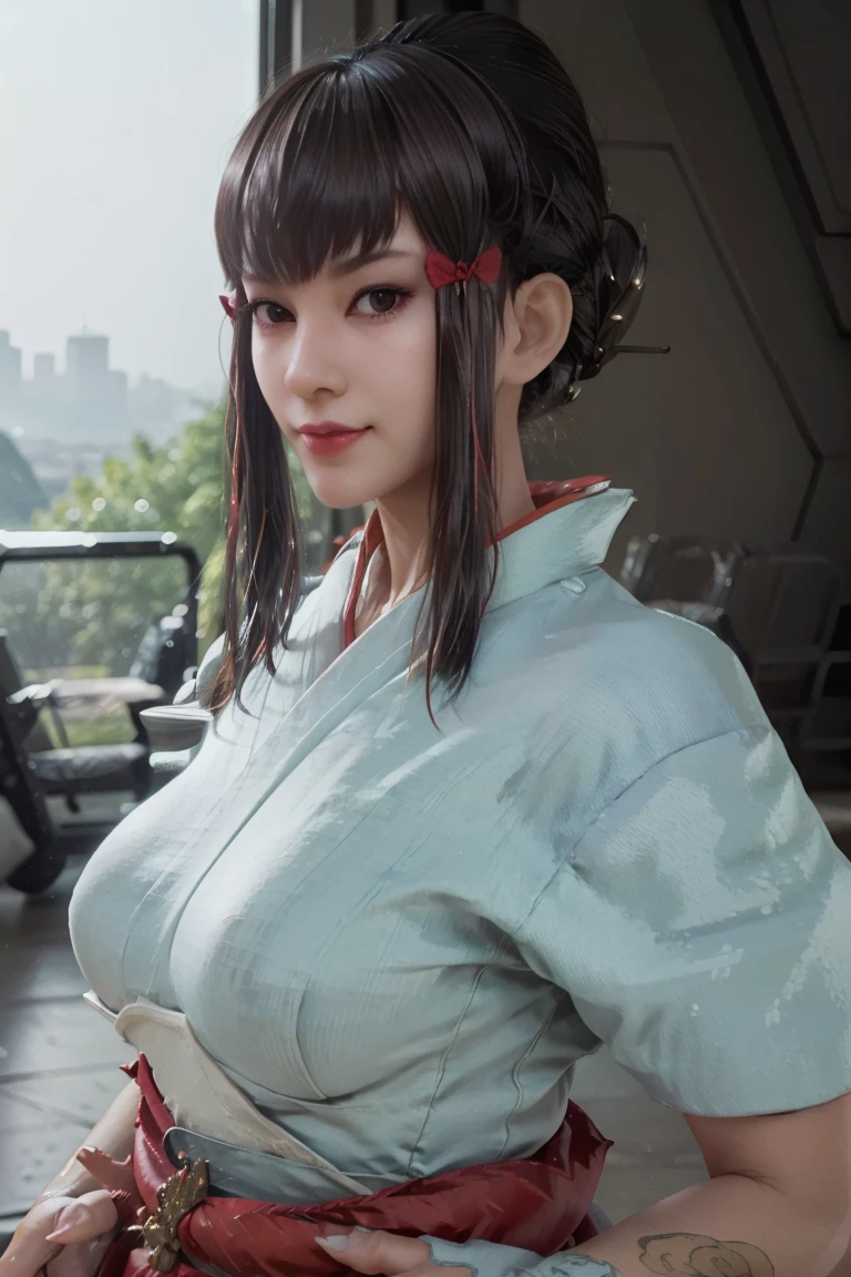 (best quality), (masterpiece), detailed, depth of field, perfect lighting, 1girl, mature female, dark eyes, red eyeliner, dark hair, tall bun top of head, hair pieces, (best quality), (masterpiece), detailed, depth of field, short sleeves,  white loose kimono, dark hair, upper body, huge breasts, smile