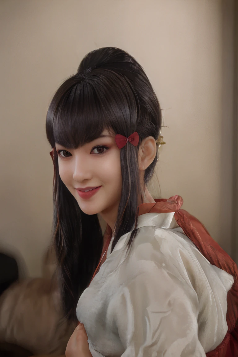 (best quality), (masterpiece), detailed, depth of field, perfect lighting, 1girl, mature female, dark eyes, red eyeliner, dark hair, tall bun top of head, hair pieces, (best quality), (masterpiece), detailed, depth of field, short sleeves,  white loose kimono, dark hair, upper body, huge breasts, smile