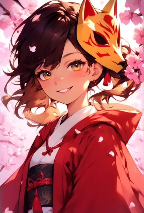 a brown person wearing a yellow fox mask and a blouse with details of cherry blossoms and a hood in the same style