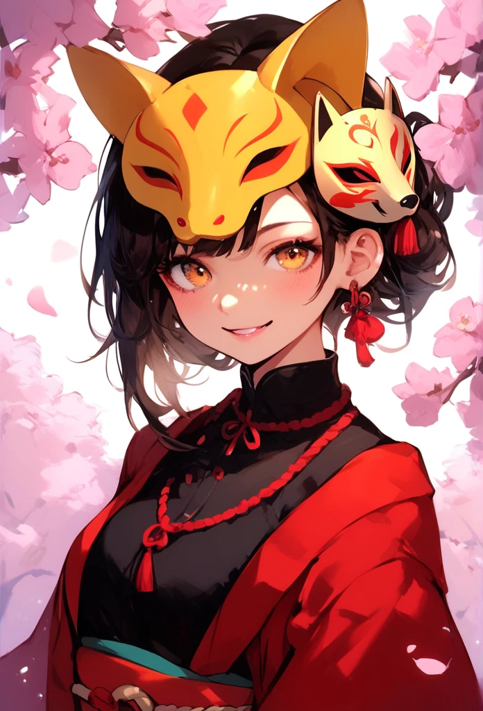 A brown person wearing a yellow fox mask and a blouse with details of cherry blossoms and a hood in the same style 
 