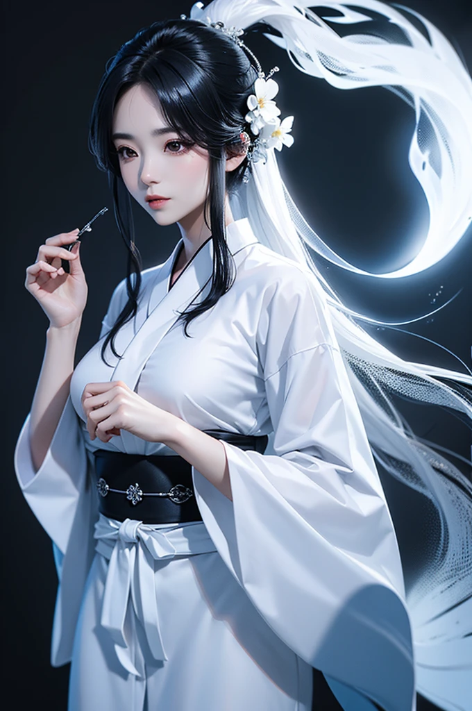 The ghost of a beautiful woman wearing a white kimono and black hair that shines through the fantastical mist