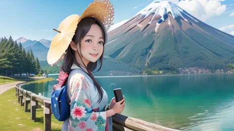 top-quality、lakeside in front of the mountain. mt. fuji、girl with、solo、smiling at the screen、during daytime、summer、kimono、open t...