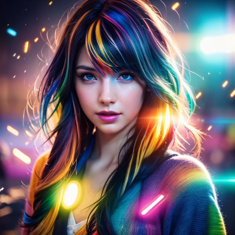 {{obra de arte}}, mais alta qualidade, Papel de parede CG Unity 8k altamente detalhado, iluminação cinematográfica, reflexo de lente, lindos olhos detalhados, preto, linha lateral, cabelo multicolorido, colorida light, partícula, heterochromia, (colorida:1.5), (colorida hair:1.5),
