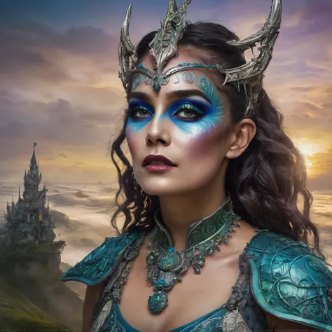 A woman with epic fantasy makeup inspired by Peter Jackson, featuring detailed, mythical elements and rich, dramatic colors