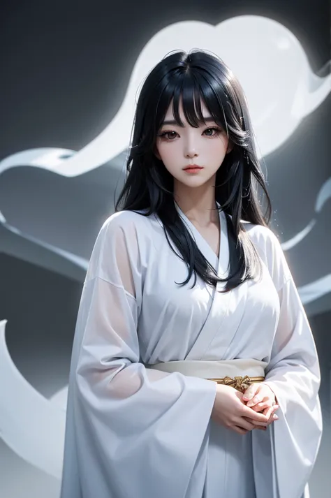 the ghost of a beautiful woman wearing a white kimono and black hair that shines through the fantastical mist