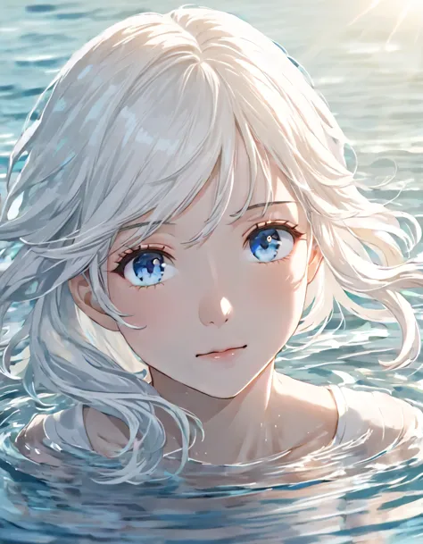 anime style female character in water, (long white hair:1.2), (gentle expression:1.1), blue colored eyes, white top, (water ripp...