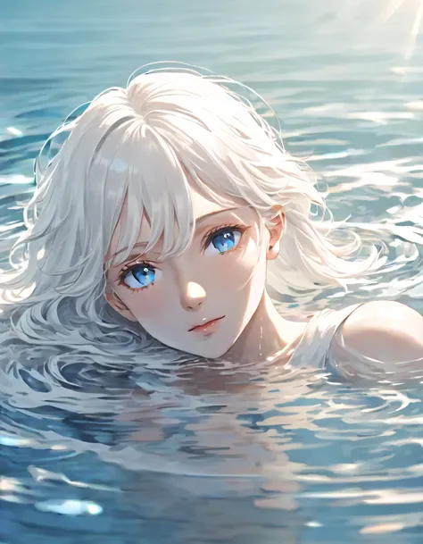 anime style female character in water, (long white hair:1.2), (gentle expression:1.1), blue colored eyes, white top, (water ripp...