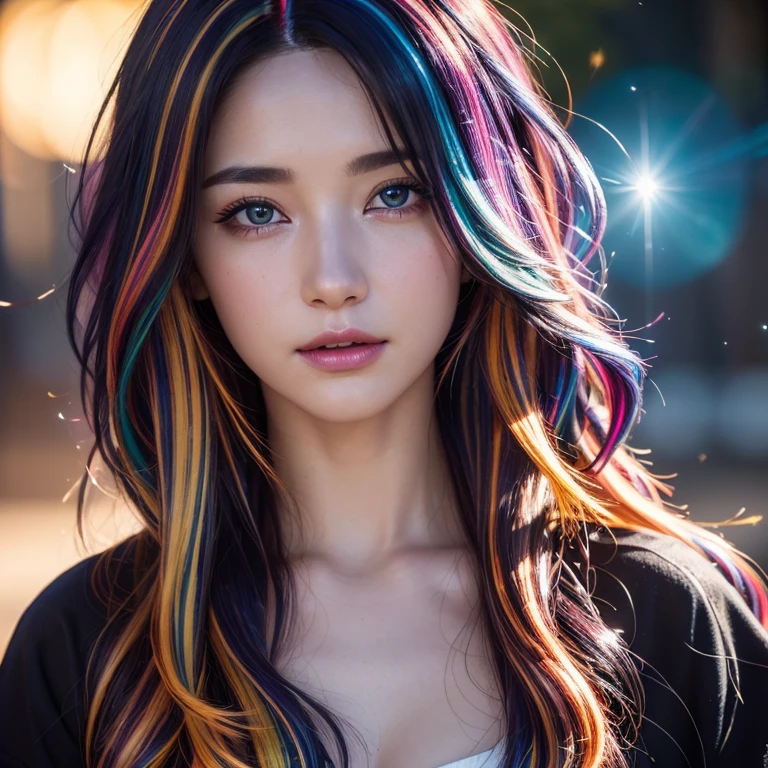 {{masterpiece}}, highest quality, Highly detailed CG Unity 8K wallpaper, cinematic lighting, Lens flare, beautiful detailed eyes, black, side line, multi-colored hair, colorful light, particle, heterochromia, (colorful:1.5), (colorful hair:1.5),
