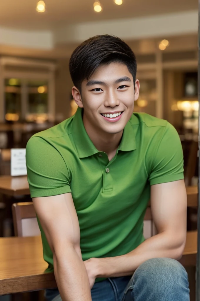 ((realistic daylight)) , Young Korean man in only a green polo shirt, no stripes, and jeans., A handsome, muscular young Asian man looks at the camera.  , in the restaurant ,turn sideways, smile