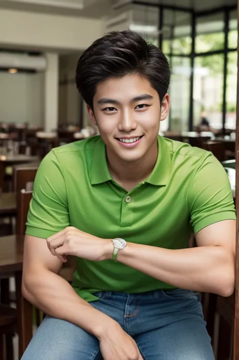 ((realistic daylight)) , Young Korean man in only a green polo shirt, no stripes, and jeans., A handsome, muscular young Asian m...