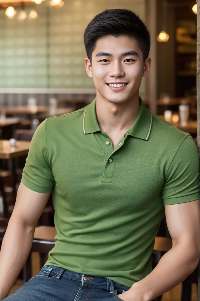 ((realistic daylight)) , Young Korean man in only a green polo shirt, no stripes, and jeans., A handsome, muscular young Asian man looks at the camera.  , in the restaurant ,turn sideways, smile