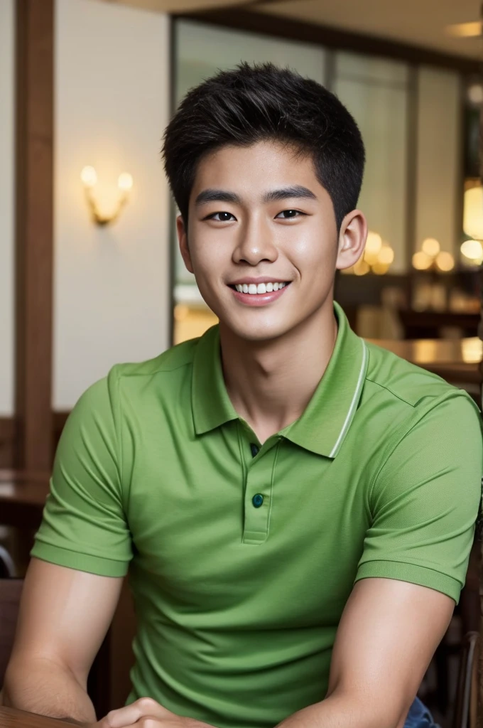 ((realistic daylight)) , Young Korean man in only a green polo shirt, no stripes, and jeans., A handsome, muscular young Asian man looks at the camera.  , in the restaurant ,turn sideways, smile