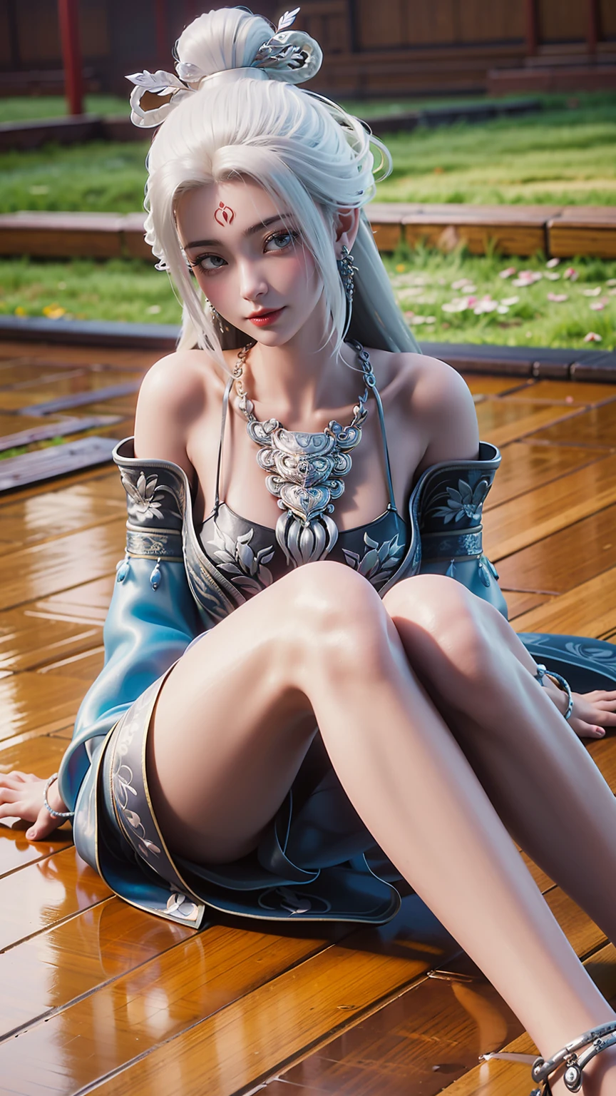 Close-up of a woman in a dress lying on a wooden floor, Japanese Goddess, Beautiful Chinese model, beautiful goddess, beautiful Asian girl, Sexy Girl, Fair, smooth and translucent skin, Chinese Girl, Asian girl, Attractive anime girl, Sexy pose, Beautiful fantasy queen, Beautiful and detailed body and face, Smooth white tights set, Light milky white porcelain skin