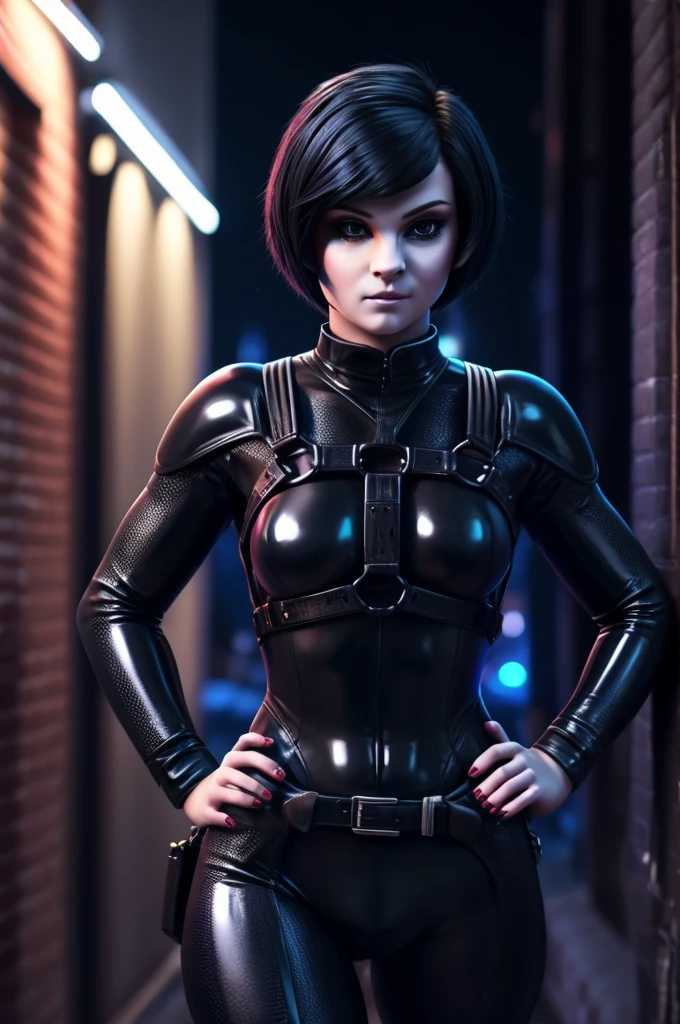 Extremely detailed, very sharp, best quality, female, Sophie Thatcher face, black rider latex suit, tall and lean body, harness, night, night street, lights, very short black haircut, dark makeup, pauldrons, holster,