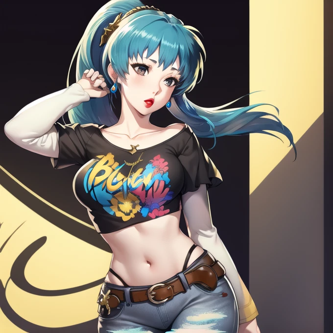 eirika,hair ornament,Brincos ,rabo de cavalo, 1 garota, Sozinho, de pé, camiseta preta, camisa branca, jeans azul, cinto, batom, seios grandes, mangas em camadas