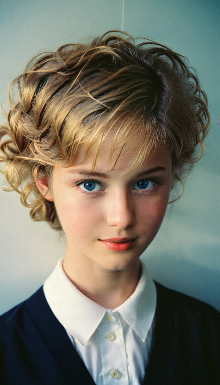 analog film photo, modern day photo of a young student, young youthful, transmale, dark blonde hair, short curly quiff, blueeyes, caucasian, round face, oval-shaped jawline, bulbous nose, full lips, thick eyebrows, soft features, (relaxed school uniform:1.1), silhouette, backlit, split lighting, half face in shadow, RAW Photograph, dslr, hard lighting, hard shadows, high quality, film grain, Fujifilm XT3, detailed skin with visible pores, insane details, masterpiece, 8k, 35mm photograph, dslr, kodachrome, faded film, desaturated, 35mm photo, grainy, vintage, Kodachrome, Lomography, stained, highly detailed, found footage, yearbook portrait, contemporary, 2024